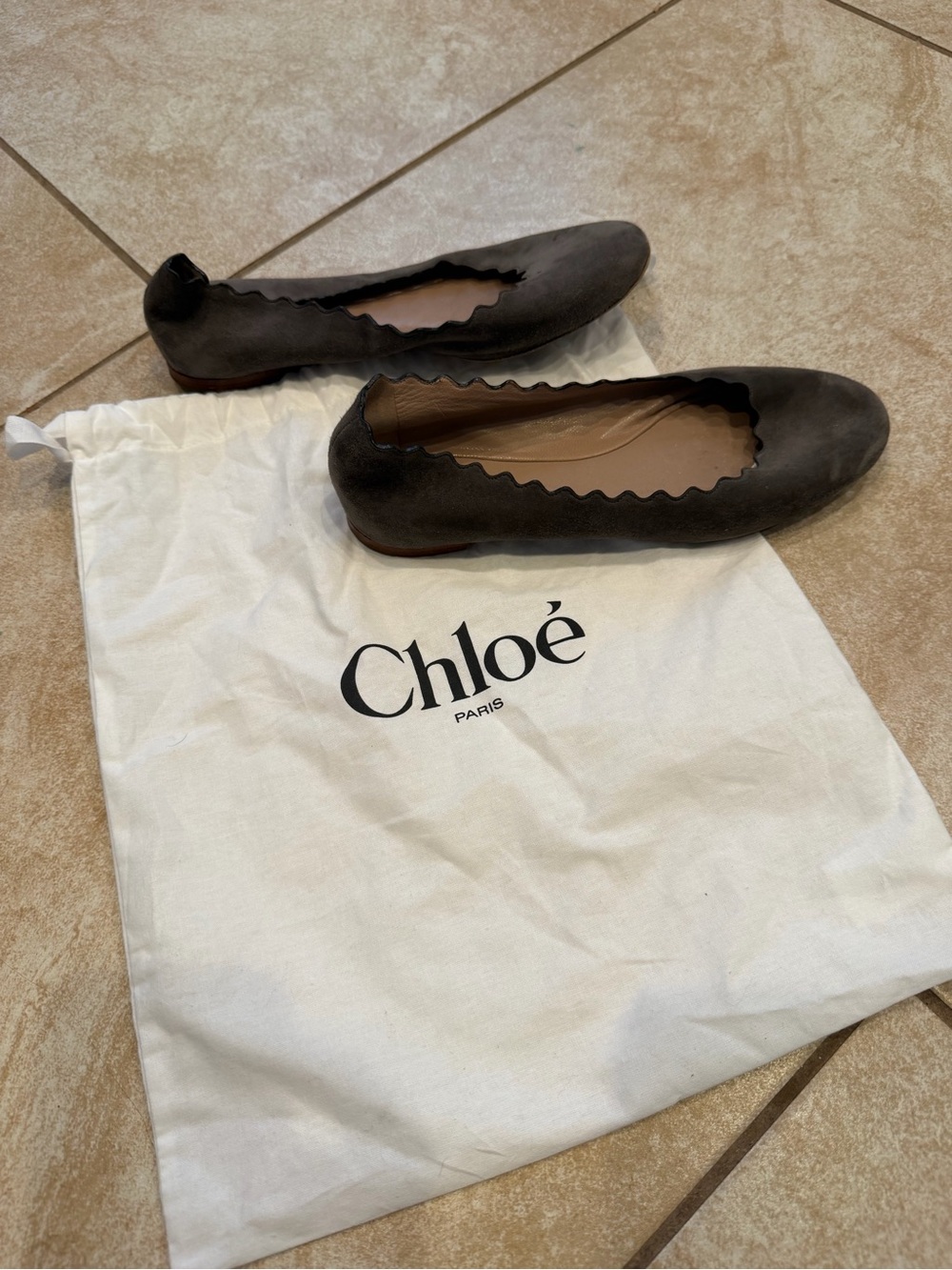 Chloé Scalloped Edge Suede Ballet Flats in Dark Brown w/ dust bag